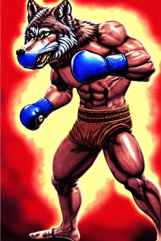 Prompt: extreme long shot. 8 bit nes graphics. antropomorphic muscular masculine wolf. kickboxer fighter in shorts. wolf head. art from nes game cartridge, id tech 5 engine
