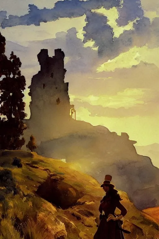 Prompt: california style watercolor painting of castle ruins on hilltop, stone walls, illuminated, very beautiful ambient lighting, sun rays, dust, art by john singer sargent, by anders zorn and winslow homer, wonderful masterpiece by greg rutkowski, cinematic light, american romanticism by greg manchess, creation by tyler edlin