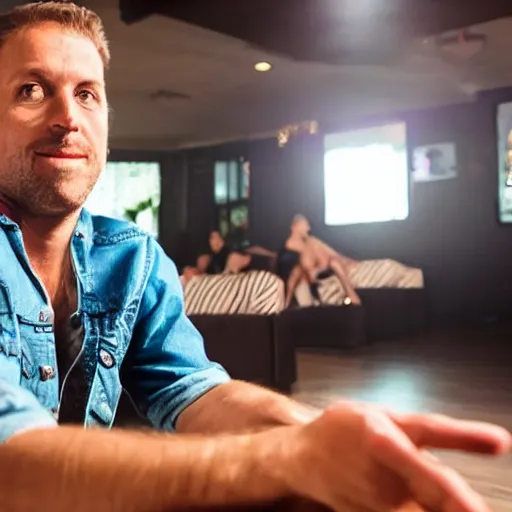 Image similar to photo of a 4 0 year old white man living thinking he's living the best life possible. he looks young for his age. he is at a dance club, it's as if he were in a music video. young woman can be seen dancing around him in a seductive manner.