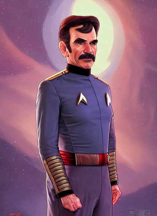 Image similar to star trek officer daniel plainview, natural lighting, path traced, highly detailed, high quality, digital painting, by don bluth and ross tran and studio ghibli and alphonse mucha, artgerm