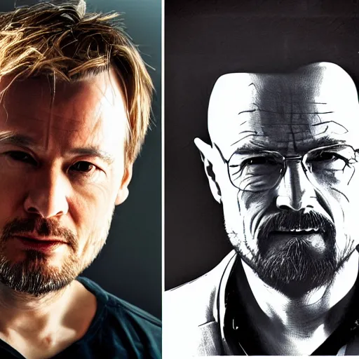 Image similar to Hideo Kojima and Christopher Nolan as Jesse Pinkman and Walter White matte paint portrait