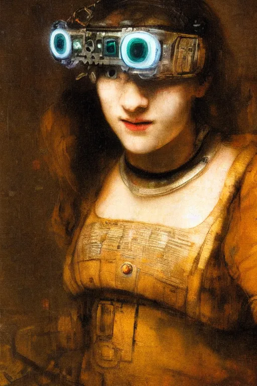 Prompt: a close - up portrait of a cyberpunk cyborg girl, by rembrandt, rule of thirds