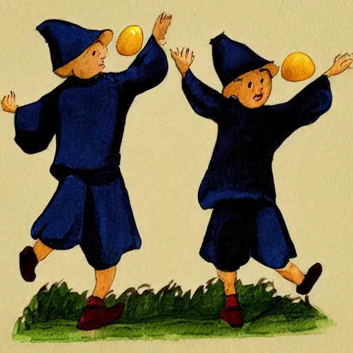 Prompt: two orphans with hats and middle ages simple clothes holding eggs with their arms, orphans escaping from a flying angry chicken, illustration for children, light watercolor on grainy paper,. accurate anatomy. symmetry.