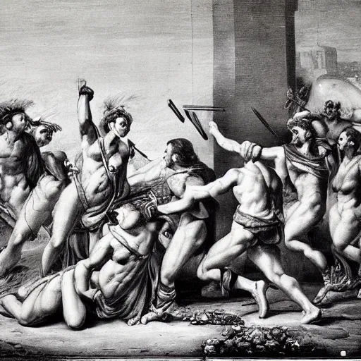 Prompt: muscular warrior women doing glorious combat, weeping men watch on the side, neoclassical art