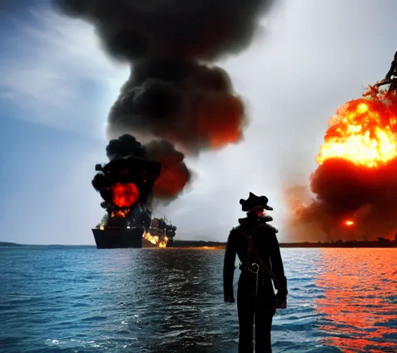 Prompt: a pirate standing on the edge of the ship, big explosion on the background, dramatic atmosphere, in the style of terminator