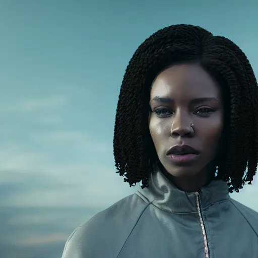 Image similar to black woman, hairstyle = short bob, hair colour = light grey, eyes = purple, wearing dark green bomber jacket, realistic 4 k octane beautifully detailed render, 4 k post - processing, highly detailed, intricate complexity, epic composition, magical atmosphere, cinematic lighting, masterpiece, ultra hd