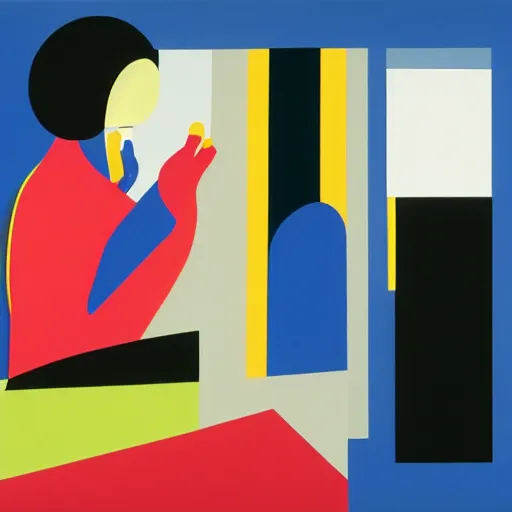 Image similar to A painting of person talking on the phone, abstract painting in the style of Sophie Taeuber-Arp and Gary Hume and Tatsuro Kiuchi, flat colour-block style, geometric abstraction, deep colours