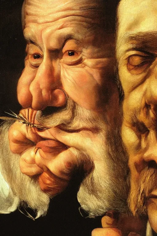 Prompt: hyperrealism close-up portrait of an ugly old man and beautiful madonna, with cigar, cockroaches coming out of his nose and ears and eyes in style of Francisco Goya