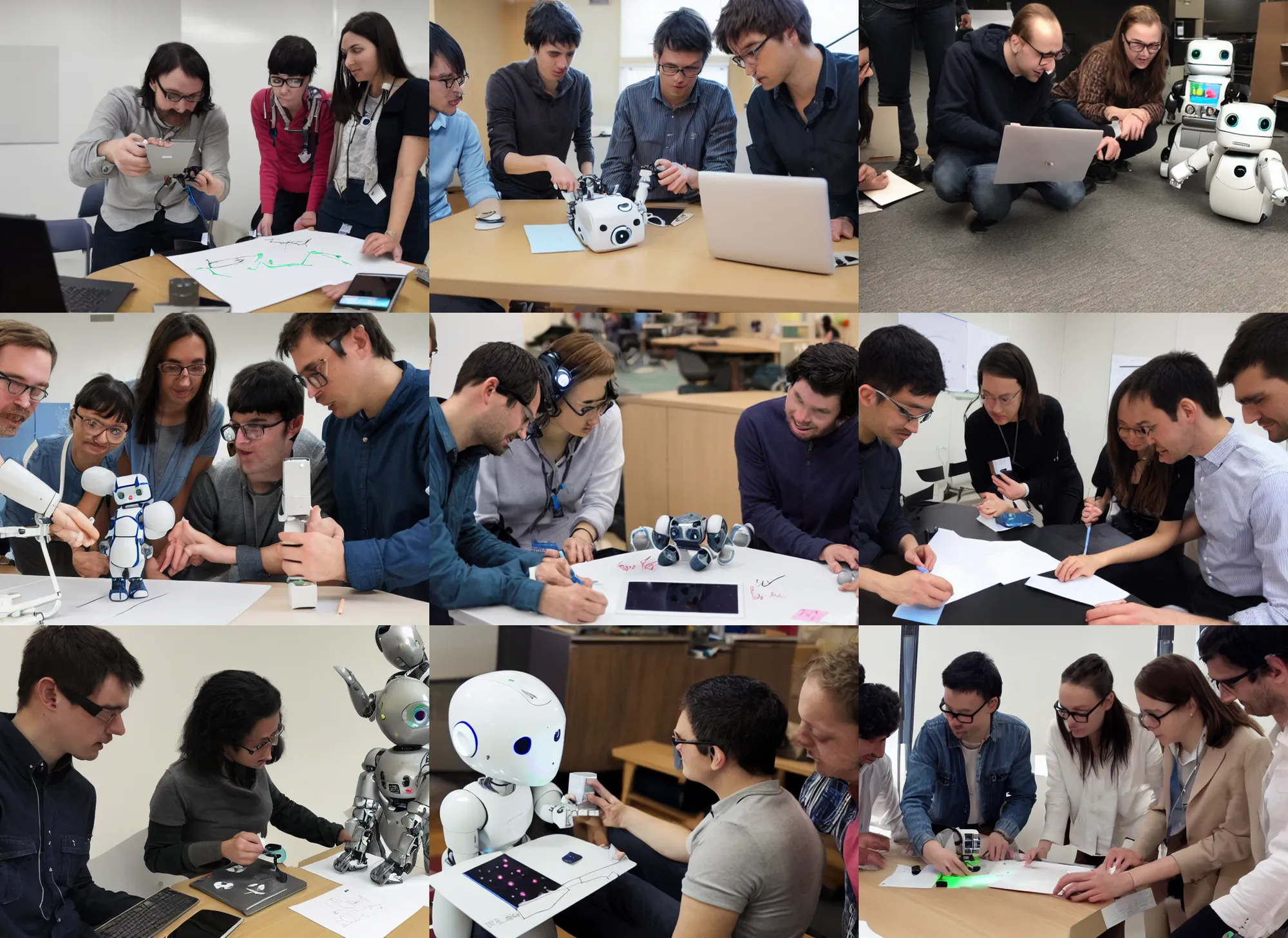 Prompt: photo of machine learning researchers teaching a cute robot how to draw