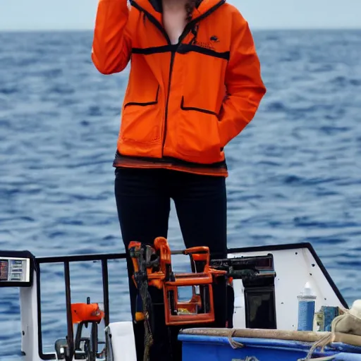 Image similar to emma watson fishing boat, deadliest catch, orange rain slicker, award winning,