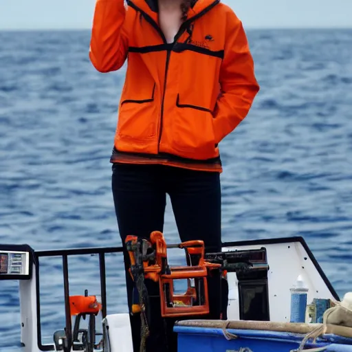 Prompt: emma watson fishing boat, deadliest catch, orange rain slicker, award winning,