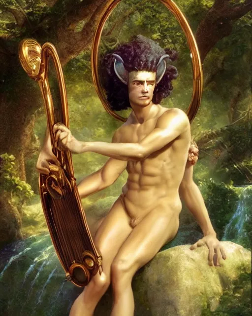 Prompt: a mythological Satyr holding his lyre watches from a distance as a beautiful Maiden bathes in a glistening stream, by Edgar Maxene and Ross Tran and Michael Whelan and Boris Vallejo”