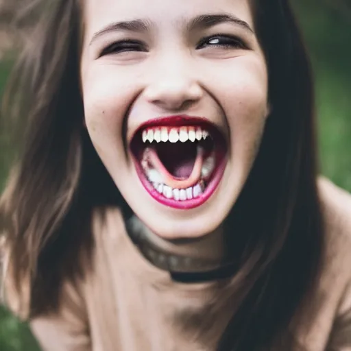 Image similar to 50mm photo of a vampire smiling with large fangs