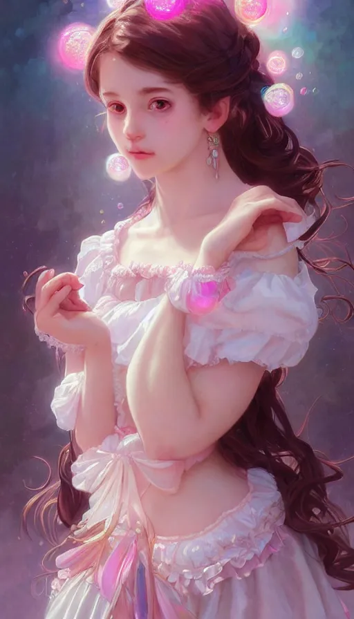 Image similar to portrait of magical lolita girl, dreamy and ethereal, pink eyes, peaceful expression, ornate frilly dress, fantasy, intricate, elegant, rainbow bubbles, highly detailed, digital painting, artstation, concept art, smooth, sharp focus, illustration, art by artgerm and greg rutkowski and alphonse mucha