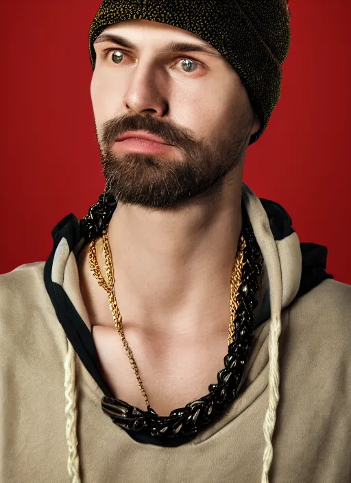 Image similar to portrait of a lithuanian man wearing a skull beanie and sleeveless hoodie, gold necklace, highly detailed, realistic, studio quality, studio photo, studio lighting, trending on artstation, sharp focus