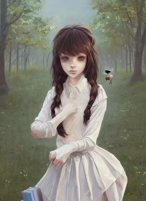 Image similar to beautiful portrait commission of a shy female furry anthro whitetail deer fursona wearing a white blouse and a knee-length skirt, holding a bookbag while walking through a college campus, intricate, elegant, highly detailed, digital painting, artstation, concept art, smooth, sharp focus, illustration, art by Krenz Cushart and Artem Demura and alphonse mucha