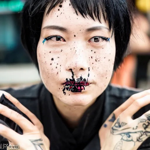 Prompt: photograph woman sitting in a cafe, China, short black hair, freckles, face tattoos, futuristic, cyberpunk face mods, sigma 85mm f/1.4, 4k, depth of field