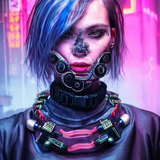 Image similar to detailed realistic cyberpunk female character cyberpunk wearing large steel collar around neck, realistic, art, beautiful, 4K, collar, choker, collar around neck, punk, artstation, detailed, female, woman, choker, cyberpunk, neon, punk, collar, choker, collar around neck, thick collar, choker around neck, wearing choker, wearing collar, bright neon punk hair, collar, choker,