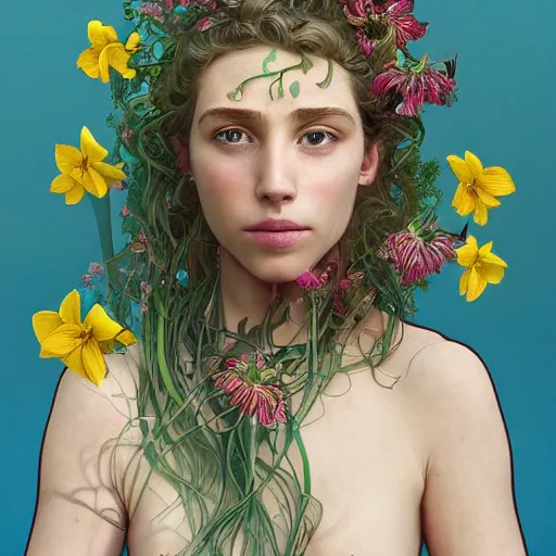 Prompt: a beautiful fine art portrait photo of a resting cyborg, wavy hair spread out, surrounded by hibiscus, daffodils, moth orchids, montsera leaves by alphonse mucha and zach sutton, soft lighting, very detailed, deep depth of field, artstation, 4K