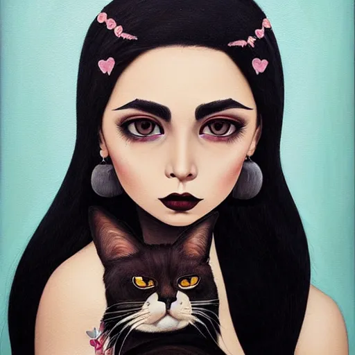 Prompt: a painting of an emo mexican woman with long dark hair thick eyebrows dark eyes and dark circles wide nose big eyes oval face shape big cheeks holding her cat, photorealistic painting by tran nguyen and ilya kuvshinov, featured on deviantart, gothic art, goth, gothic, detailed painting