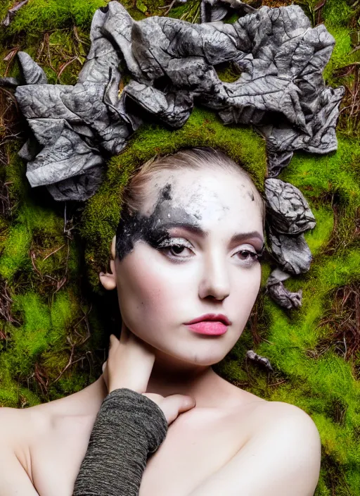 Image similar to a photo of a female model, orgnic headpiece, vines, horn, moss, fashion photography, realistic, hyperdetails, dark grey backdrop studio, tree bark and moss costume, body with paint