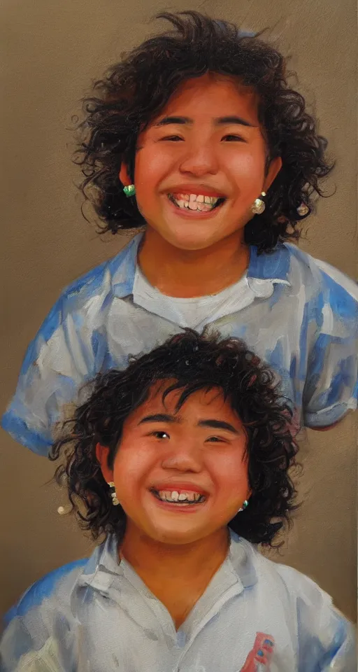 Image similar to oil portrait of one teenage chubby filipino boy smiling with crooked teeth, with a curly perm, and with small studded earings, 4 k, photorealistic, high detail