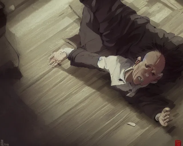 Image similar to a 50 year old brunnete chinese man lying on the floor and crying, horror scene, dramatic, shot from the top, anime art, Greg Rutkowski, studio ghibli, dramatic lighting