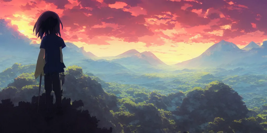 Prompt: anime character watching a landscape with mountains, sky is burning, hyperrealistic, trending on pixiv fanbox, painted by greg rutkowski makoto shinkai takashi takeuchi studio ghibli, akihiko yoshida