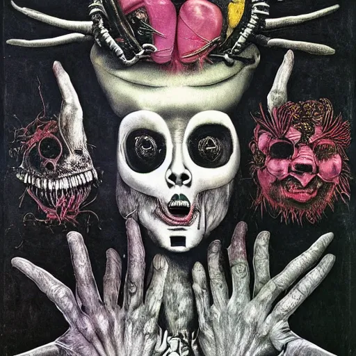 Prompt: post - punk new age album cover, asymmetrical design, anti capitalism, magic, apocalypse, psychedelic, black white pink, magic, giger h. r., giuseppe arcimboldo