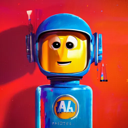 Image similar to portrait of space robot holding multiple big paintbrushes, painting a canvas, cute, pixar, photorealism 4 k, octane render, clean design, beautiful light