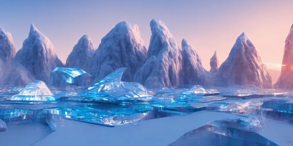 Prompt: futuristic reflective ice city, sunset glowing off a mountain in background, busy waves, ray tracing, refractive, planet in the sky, award winning, trending on artstation, digital art. highly detailed 8 k. intricate. lifelike. soft light. nikon d 8 5 0.