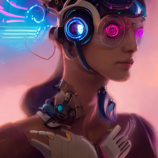 Prompt: portrait of a beautiful cybernetic raver girl wearing a occulus headset, cyberpunk concept art by pete mohrbacher and artgerm and wlop and deathburger and syd mead, digital art, highly detailed, intricate, fantasy, mystical, sharp focus, Trending on Artstation HQ, deviantart, unreal engine 5, 4K UHD image