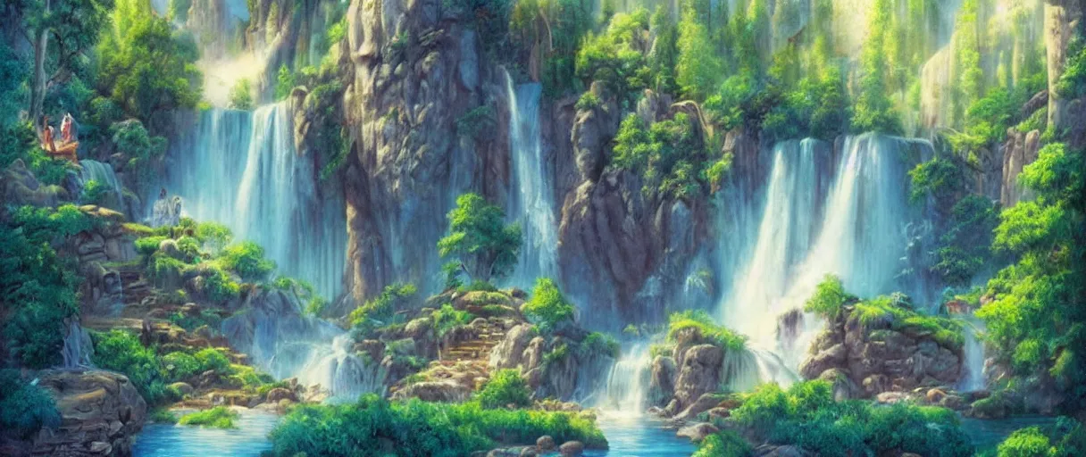 Prompt: disney movie background art of a beautiful waterfall in a forest