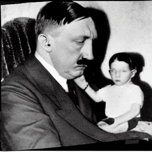 Image similar to Adolf Hitler's mom is holding his ears as a punishment