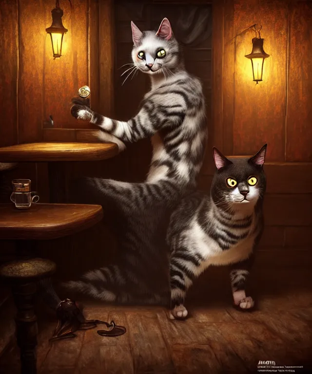 Prompt: hyperrealistic mixed media painting of a creepy smiling cat, dimly lit cozy tavern, leather tunic, confident relaxed pose, d&d, stunning 3d render inspired art by Gerlad Brom and Anna Dittmann + perfect facial symmetry + dim volumetric lighting, 8k octane beautifully detailed render, post-processing, extremely hyperdetailed, intricate, epic composition, grim yet sparkling atmosphere, cinematic lighting + masterpiece, trending on artstation, very very detailed, masterpiece, stunning