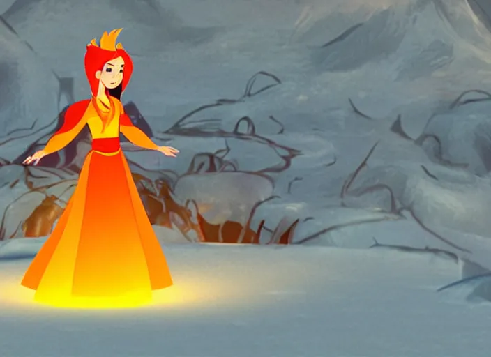 Image similar to flame princess glowing in a stark minimalist frozen creek snowdrift landscape from mulan ( 1 9 9 8 )