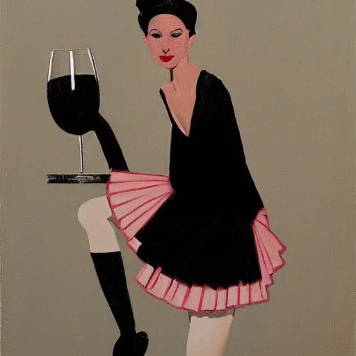Prompt: artwork painting of a ballet dancer in a black tutu holding a small glass of red wine by jack vettriano h 6 4 0