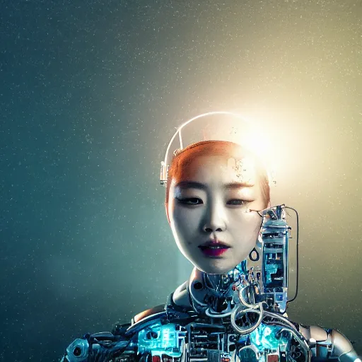 Image similar to beautiful centered Fine art photo of HoYeon Jung as a robot, half body in water, solarpunk mechanical parts with led lights, real human face, photorealistic, white background, highly detailed and intricate, sunset lighting, HDR 8k