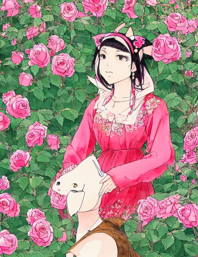 Prompt: central asian woman with cat ears, wearing a lovely dress in a rose garden. this watercolor painting by the award - winning mangaka has impeccable lighting, an interesting color scheme and intricate details.