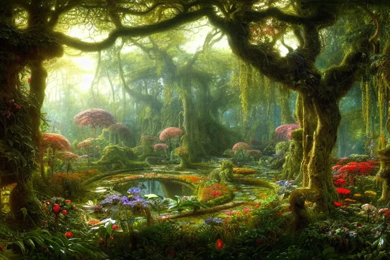 Prompt: a beautiful and highly detailed matte painting of a beautiful garden in a mystical forest, psychedelic, intricate details, epic scale, insanely complex, 8 k, sharp focus, photorealism, artstation, cgsociety, by caspar friedrich, albert bierstadt, james gurney, brian froud,