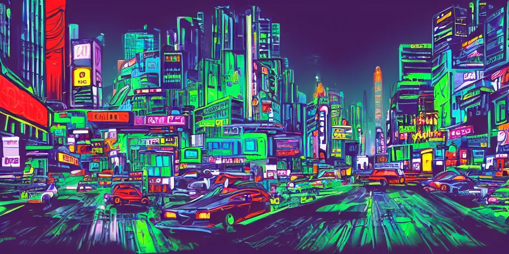 Image similar to cityscape covered with neon billboards and dark streets, cartoon