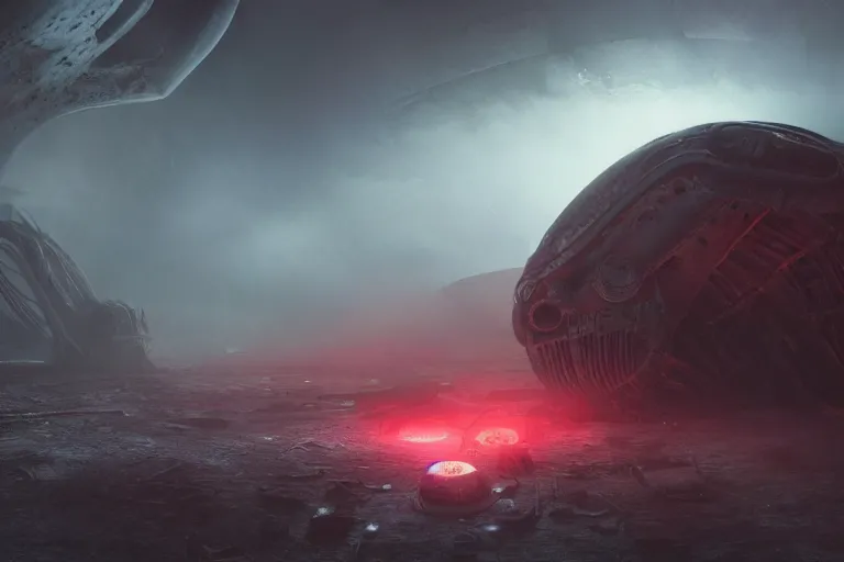 Image similar to a crashed huge alien spaceship on an alien planet in giger style, realistic, octane render, foggy, atmospheric lighting , rays of light, small red lights, wide angle perspective