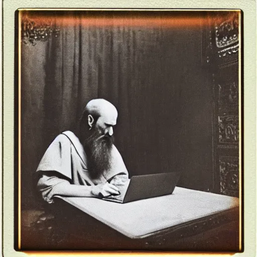 Prompt: Ivan the Terrible in his palace in Moscow working on a MacBook Pro m1, high detail, Polaroid , old photo width 768