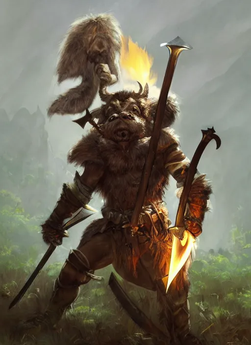 Image similar to photorealistic bugbear ranger holding sword on fire, magic, black beard, dungeons and dragons, pathfinder, roleplaying game art, hunters gear, jeweled ornate leather and steel armour, concept art, character design on white background, by sargent, norman rockwell, makoto shinkai, kim jung giu, artstation trending, poster art, colours red