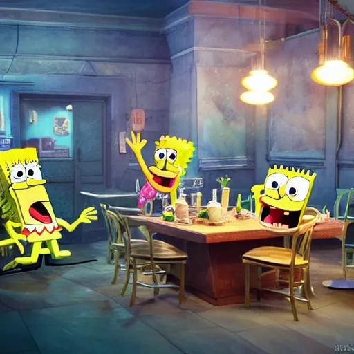 Prompt: hyperrealistic!! spongebob!! eating at the krusty krab, stunning 3 d render inspired by istvan sandorfi & greg rutkowski, perfect symmetry, dim volumetric cinematic lighting, 8 k octane comprehensive render, extremely hyper - detailed attributes & atmosphere, intricately proportional, realistic flesh texture, masterpiece, artstation, stunning,