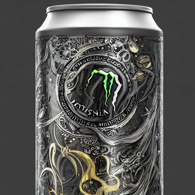 Image similar to aluminian can of monster energy drink, intricate and very very beautiful and elegant, highly detailed, digital painting, artstation, concept art, smooth and sharp focus, illustration