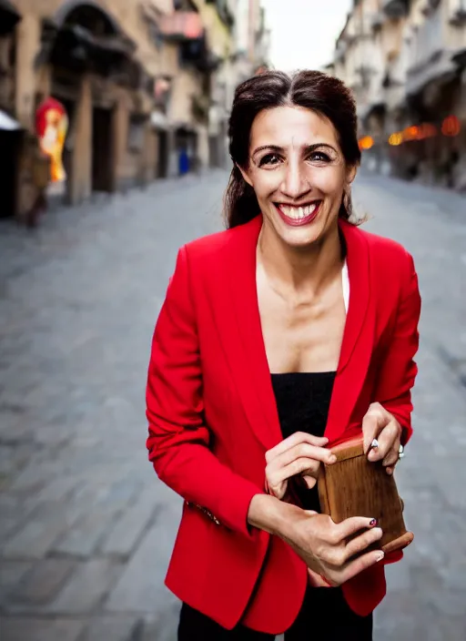 Prompt: color portrait of a beautiful 35-year-old smiling Italian woman, wearing a red outfit, candid street portrait in the style of Mario Testino close up, detailed, award winning, Sony a7R