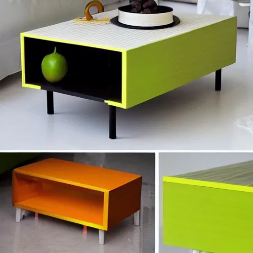 Prompt: i had become a slave to the ikea nesting instinct. if i saw something like the clever njurunda coffee tables in the shape of a lime green yin and an orange yang i had to have it.