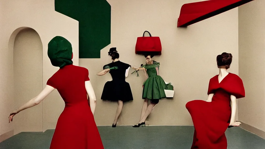 Image similar to Editorial photoshoot for Vogue Italy, haute couture, red and green, 70's, shot on film, photograph inspired by Edward Hopper and René Magritte, editorial photoshoot photographed by Tim Walker