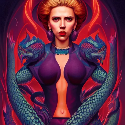 Prompt: lofi female demon portrait of scarlett johansson, fire and flame, big long hell serpent dragon, Pixar style, by Tristan Eaton Stanley Artgerm and Tom Bagshaw.